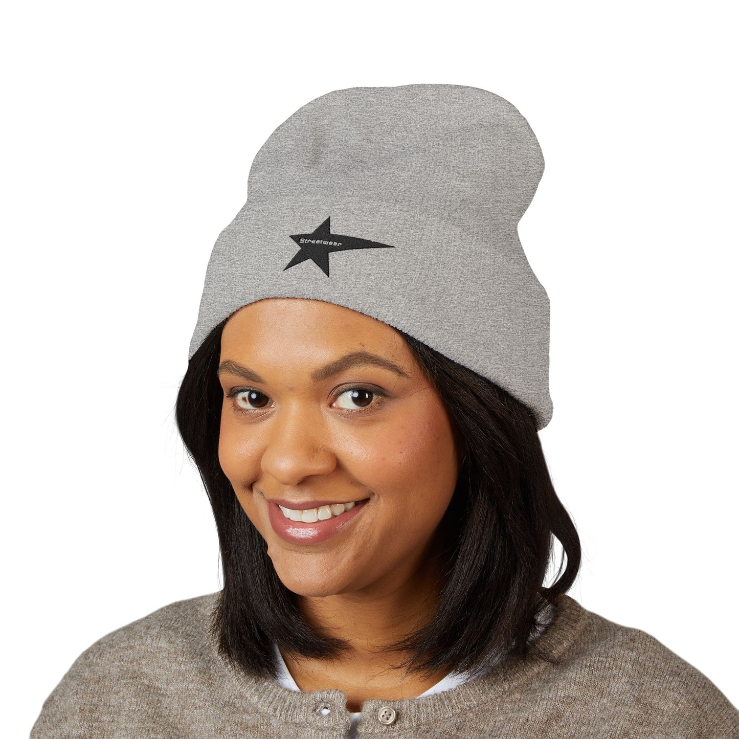 Classic Cuffed Beanie with Star Embroidery - Trendy Headwear for Streetwear Lovers